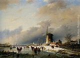 Jan Jacob Coenraad Spohler Figures Skating on a Frozen River painting